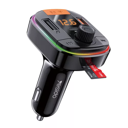 Yesido - Car Charger (Y45) - with FM Transmitter, 2xUSB-A, Type-C, LED Display, RGB Light, 18W - Black