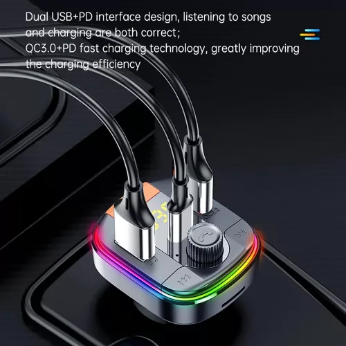 Yesido - Car Charger (Y45) - with FM Transmitter, 2xUSB-A, Type-C, LED Display, RGB Light, 18W - Black