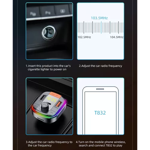 Yesido - Car Charger (Y45) - with FM Transmitter, 2xUSB-A, Type-C, LED Display, RGB Light, 18W - Black