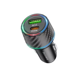   Borofone - Car Charger Brilliant (BZ21) - USB, Type-C, Fast Charge, Dual Port, PD30W, QC3.0, 48W, Built-in LED - Black