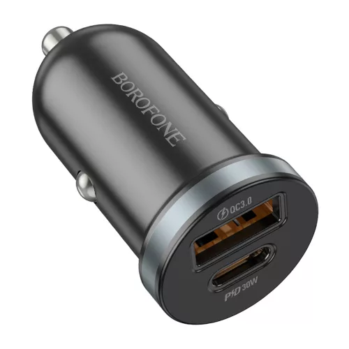 Borofone - Car Charger Scenery (BZ22) - USB, Type-C, Fast Charge, Dual Port, PD30W, QC3.0, PC, Aluminum - Black