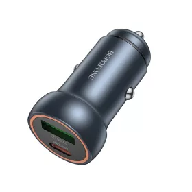   Borofone - Mini Car Charger Fresh (BZ32A) - Type-C, USB, Fast Charge, Dual Port, 30W (PD/QC), Aluminum Alloy - Metal Gray