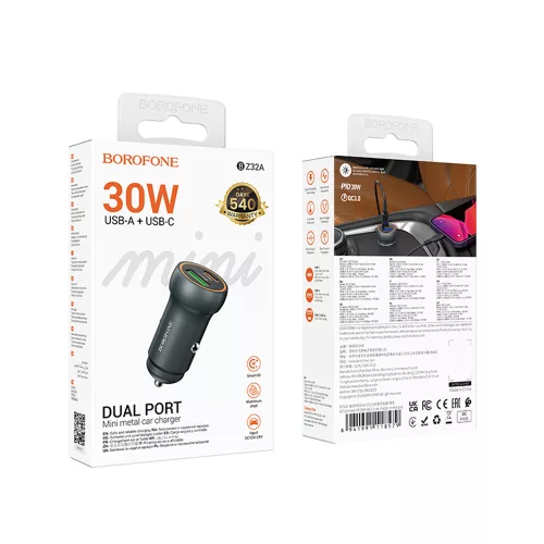 Borofone - Mini Car Charger Fresh (BZ32A) - Type-C, USB, Fast Charge, Dual Port, 30W (PD/QC), Aluminum Alloy - Metal Gray