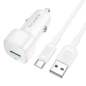  Borofone - Car Charger Cloud (BZ34) - USB-A/C Cable Included, Single Port USB-A, 18W (QC/FCP/AFC), ABS, for DC 12-24V - White
