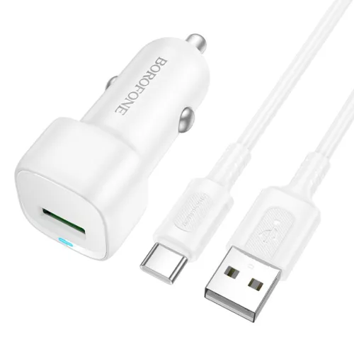Borofone - Car Charger Cloud (BZ34) - USB-A/C Cable Included, Single Port USB-A, 18W (QC/FCP/AFC), ABS, for DC 12-24V - White