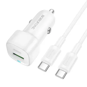   Borofone - Car Charger Cloud (BZ34B) - Type-C Cable Included, Type-C + USB-A, PD20W, QC3.0, Dual Port, 38W, ABS - White
