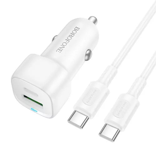 Borofone - Car Charger Cloud (BZ34B) - Type-C Cable Included, Type-C + USB-A, PD20W, QC3.0, Dual Port, 38W, ABS - White
