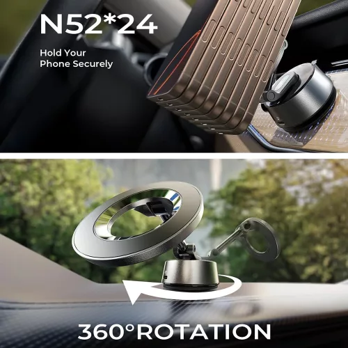 Lisen - Autós tartó A690 (YL0225060004) - Műszerfalra, Smart Suction, MagSafe, 360°, Type-C Cable, Ring, 130mAh - Space Gray
