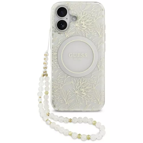 Guess - IML Virágos Gyöngypánttal MagSafe (GUHMP17SHCPOFPH) - iPhone 17 - Fehér