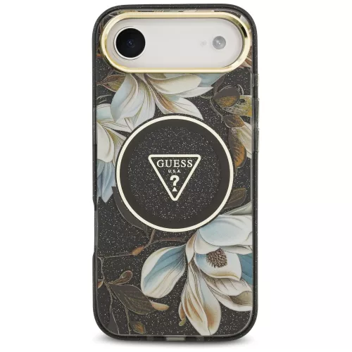 Guess - IML Fém Csillámos Virágos Háromszög MagSafe (GUHMP17MHFLPEDK) - iPhone 17 Air - Fekete