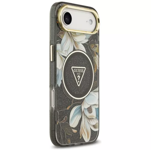 Guess - IML Fém Csillámos Virágos Háromszög MagSafe (GUHMP17MHFLPEDK) - iPhone 17 Air - Fekete