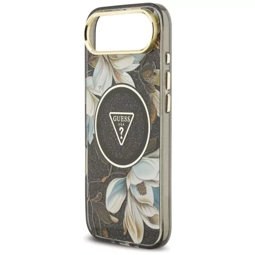 Guess - IML Fém Csillámos Virágos Háromszög MagSafe (GUHMP17MHFLPEDK) - iPhone 17 Air - Fekete