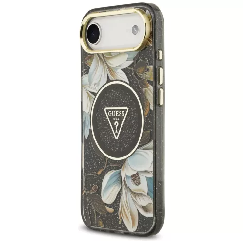 Guess - IML Fém Csillámos Virágos Háromszög MagSafe (GUHMP17MHFLPEDK) - iPhone 17 Air - Fekete