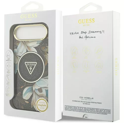 Guess - IML Fém Csillámos Virágos Háromszög MagSafe (GUHMP17MHFLPEDK) - iPhone 17 Air - Fekete