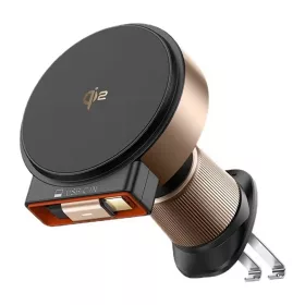   Mcdodo - Autós tartó vezeték nélküli töltéssel (CH-0091) - Szellőzőrácsra, 15W, Qi2, Built-in Visszahúzható kábel - Desert Gold
