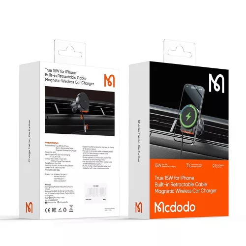 Mcdodo - Autós tartó vezeték nélküli töltéssel (CH-3000) - Szellőzőrácsra, 15W, Dual Mágneses Coils, Built-in Visszahúzható kábel - Black