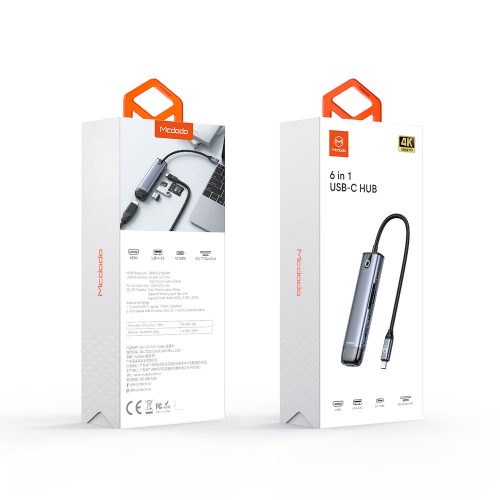 Mcdodo - Hub (HU-7740) - 6in1, 2x USB3.0, Type-C PD100W, HDMI 4K, SD/TF Card Slot, 5Gbps, 2TB, Type-C Cable - Gray