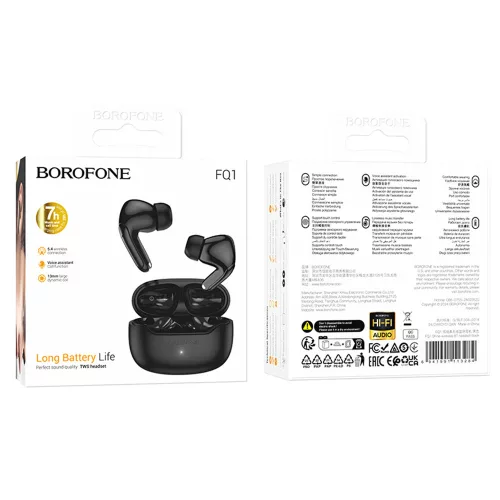 Borofone - Shine vezeték nélküli fülhallgató (FQ1) - Bluetooth V5.4, TWS, 320mAh, Multipoint, számvezérlés, Siri aktiválás - fekete