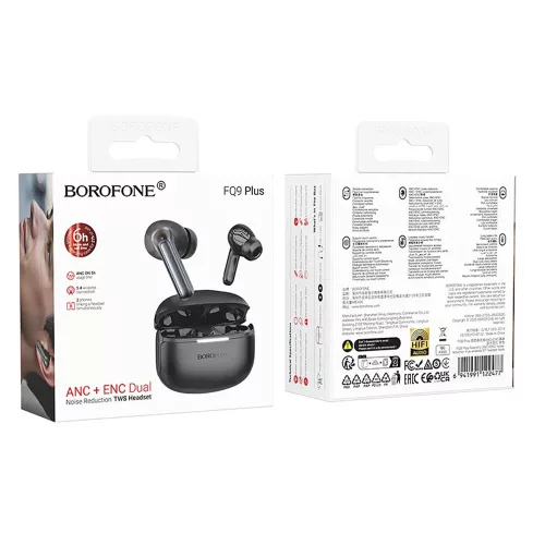 Borofone - Vezeték nélküli fülhallgató Peaceful (FQ9 Plus) - Bluetooth V5.4, ANC + ENC technológiák, 300mAh, Érintésvezérlés - Fekete