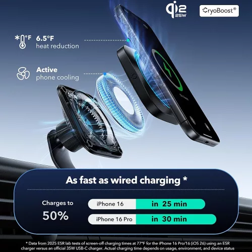 ESR - Autós tartó OmniLock with Autós töltő (2B5280161) - Szellőzőrácsra, 360°, Mágneses Qi2 25W - Black