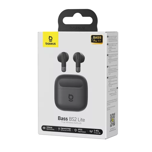 Baseus - Vezeték nélküli fülhallgató Bass BS2 Lite (A0010A02) - Bluetooth 6.0, SuperBass, 2 mikrofonos ENC, 40 órás akkumulátor-üzemidő, IP55 - Fekete