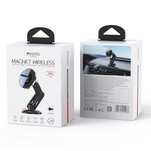 Yesido - Autós tartó vezeték nélküli töltéssel (C317) Dashboard / Szellőzőrácsra, N52 Mágnes, 15W, Type-C - Black