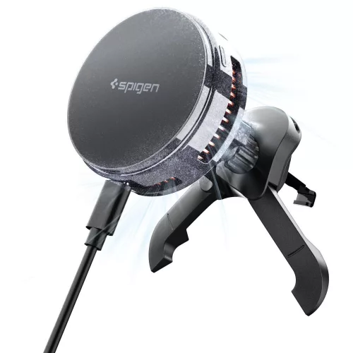 Spigen - Autós tartó vezeték nélküli töltéssel Essential EV25MFAQ (ACP10511) - MagSafe, Gyorstöltés, Szellőzőrácsra, 25W- Black