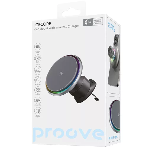 Proove - Autós tartó vezeték nélküli töltéssel Icecore (WHIC15002003) - Szellőzőrácsra, Erős mágnes, Active Cooling, Qi2 15W - Gray