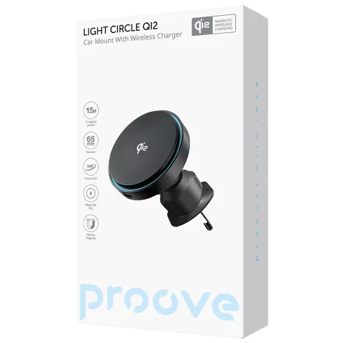 Proove - Autós tartó vezeték nélküli töltéssel Light Circle (WHLC15010002) - Szellőzőrácsra, Mágneses tapadás, Qi2 15W - Metallic Grey