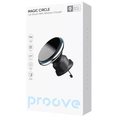Proove - Autós tartó vezeték nélküli töltéssel Magic Circle (WHMC15020006) - Szellőzőrácsra, Mágneses Cinkötvözet, 15W - Silver