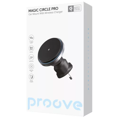 Proove - Autós tartó vezeték nélküli töltéssel Magic Circle Pro (WHMP15010001) - MagSafe, Szellőzőrácsra, 360, Qi2 15W, LED - Black