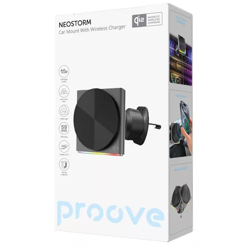 Proove - Autós tartó vezeték nélküli töltéssel Neostorm (WHNS15002003) - Szellőzőrácsra, Mágneses Qi2, 15W, RGB, Aluminum - Grey