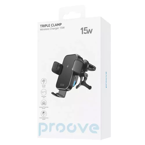 Proove - Autós tartó vezeték nélküli töltéssel Triple Clamp (WHTC15010001) - Szellőzőrácsra, Automata karok, 15W, 4.0"-6.9" - Black