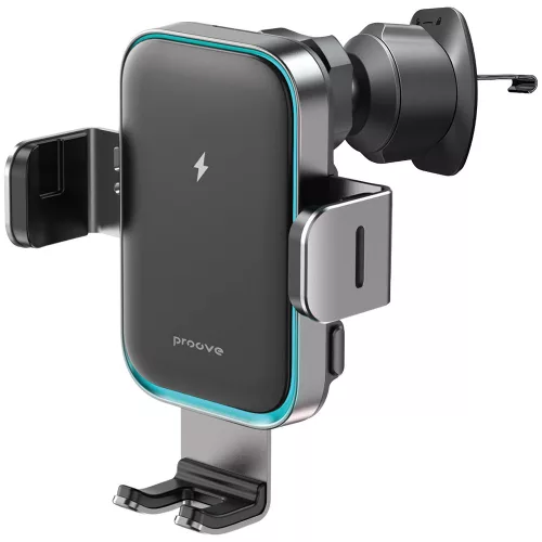 Proove - Autós tartó vezeték nélküli töltéssel Triple Clamp Pro (WHTP15010004) - 2in1 Mount, Automatic, LED, Qi2 15W - Metal Grey