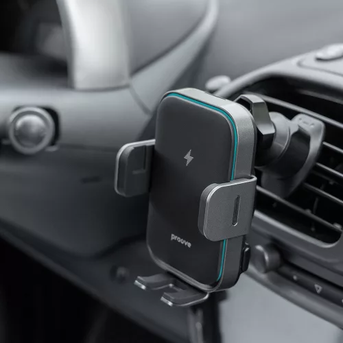 Proove - Autós tartó vezeték nélküli töltéssel Triple Clamp Pro (WHTP15010004) - 2in1 Mount, Automatic, LED, Qi2 15W - Metal Grey