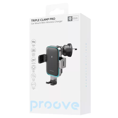 Proove - Autós tartó vezeték nélküli töltéssel Triple Clamp Pro (WHTP15010004) - 2in1 Mount, Automatic, LED, Qi2 15W - Metal Grey