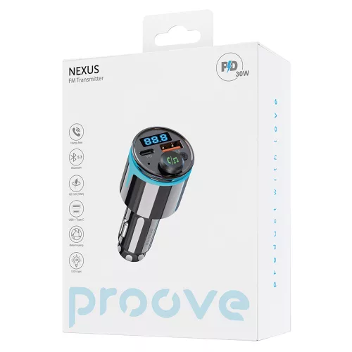 Proove - Car Charger with FM Modulator (FMNX30110001) - USB, Type-C, U-Disk, TF, Bluetooth 5.3, Fast Charge, 30W, LED - Black