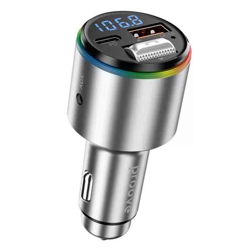 Proove - Car Charger with FM Modulator (FMPD30110006) - USB, Type-C, AUX, Bluetooth 5.3, Fast Charge, 30W, 12-24V - Silver