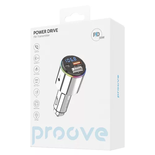 Proove - Car Charger with FM Modulator (FMPD30110006) - USB, Type-C, AUX, Bluetooth 5.3, Fast Charge, 30W, 12-24V - Silver
