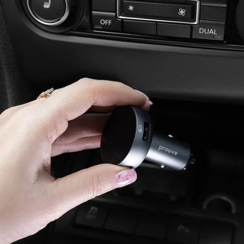 Proove - Car Charger with FM Modulator (FMSS30110003) - with Touch Screen, USB, Type-C, U-Disk, TF, Bluetooth 5.0, 30W - Grey