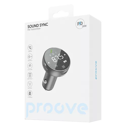 Proove - Car Charger with FM Modulator (FMSS30110003) - with Touch Screen, USB, Type-C, U-Disk, TF, Bluetooth 5.0, 30W - Grey