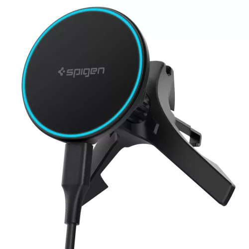 Spigen - Autós tartó vezeték nélküli töltéssel Essential EV15MAQ (ACP10513) - MagSafe, Gyorstöltés, Qi2, Szellőzőrácsra, 15W- Black