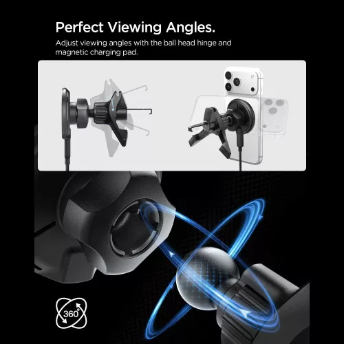 Spigen - Autós tartó vezeték nélküli töltéssel Essential EV15MAQ (ACP10513) - MagSafe, Gyorstöltés, Qi2, Szellőzőrácsra, 15W- Black