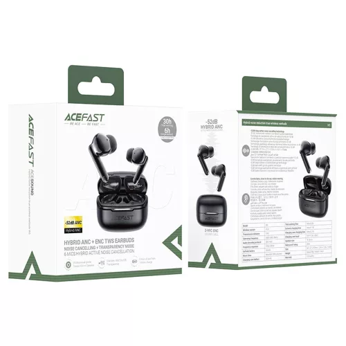 Acefast - Wireless Earbuds (W5) - In-Ear Design, TWS, 6-Mics Hybrid ANC, Dual-mic ENC, BT5.4, IPX4 - bLACK