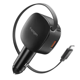   Spigen - Car Charger Essential EV603BT (ACP10515) - 3in1, USB, 2x Type-C, Built-in Retractable Cable, Fast Charging, 60W, 72cm - Black