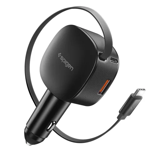 Spigen - Car Charger Essential EV603BT (ACP10515) - 3in1, USB, 2x Type-C, Built-in Retractable Cable, Fast Charging, 60W, 72cm - Black