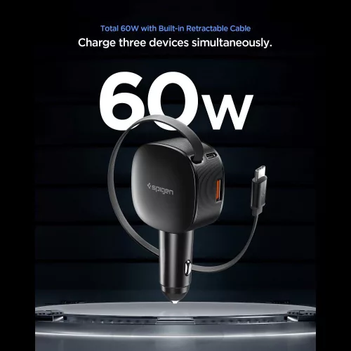 Spigen - Car Charger Essential EV603BT (ACP10515) - 3in1, USB, 2x Type-C, Built-in Retractable Cable, Fast Charging, 60W, 72cm - Black