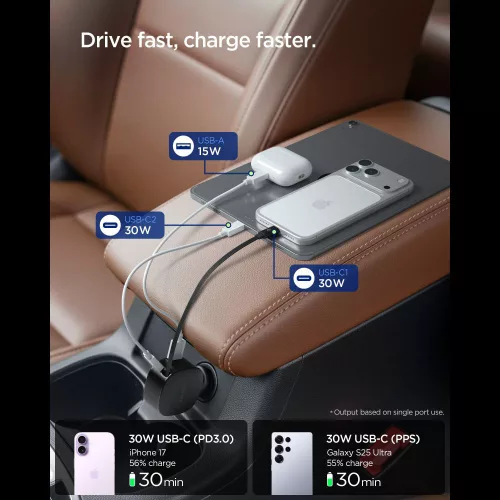 Spigen - Car Charger Essential EV603BT (ACP10515) - 3in1, USB, 2x Type-C, Built-in Retractable Cable, Fast Charging, 60W, 72cm - Black