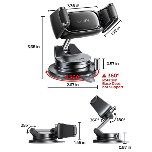 Lisen - Autós tartó A609 (YL0225120003) - Műszerfalra, 360° forgás, Clamp Arm, Automatic Lock, Vacuum Suction - Deep Gray