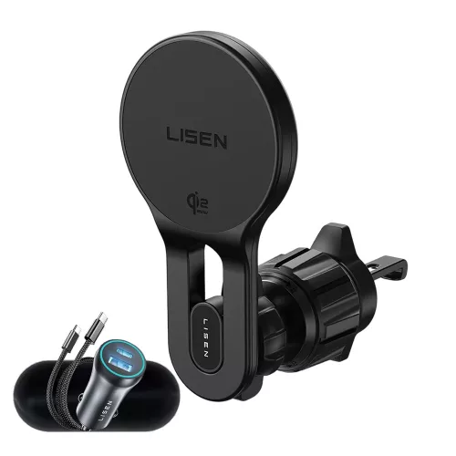 Lisen - Autós tartó with Wireless Charger W704 Pro (YL0225090003) - Szellőzőrácsra, with Charger, Type-C Cable, 25W, Qi2.2 - Black